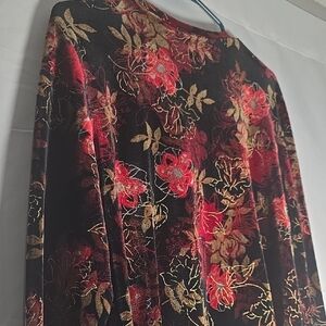 Velvet Floral Long Sleeve Top | Black & Red Gold Bloom Print | Cozy Elegant Fall